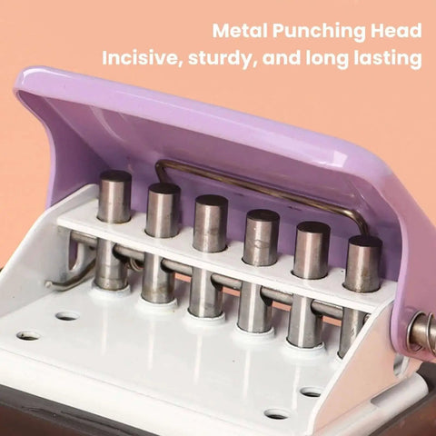 Close-up of 6 Hole Punch For A4 A5 B5 Notebooks And Planners showing metal circle puncher and 8 sheet capacity with marking line.
