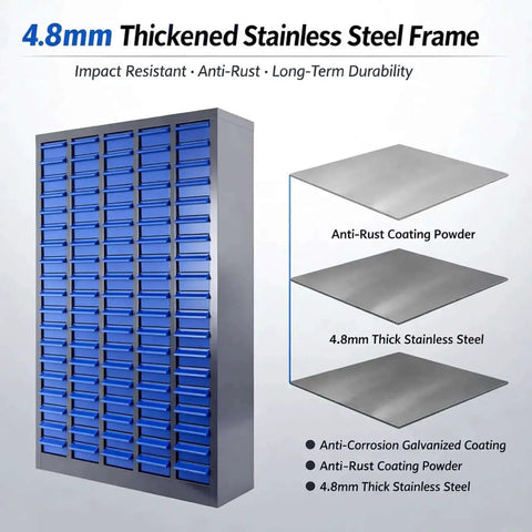 Heavy-Duty Alloy Steel Tool Storage Cabinet With 100 Drawers And Dividers, Nut And Bolt Organizer, 25.8in Long by 8.66in Wide by 46in High, 44.5lb Capacity for Workshop and Garage, Blue with 4.8mm thick stainless steel frame.