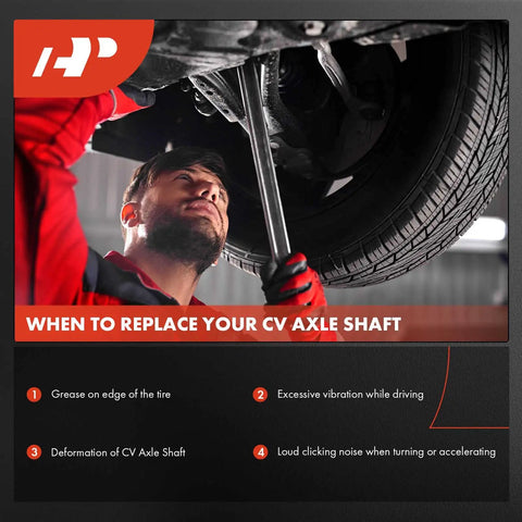 Mechanic inspecting vehicle undercarriage for CV axle shaft replacement indicators