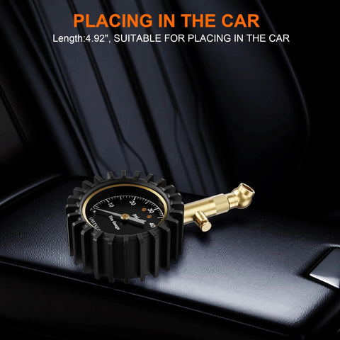 Tire pressure gauge with 2-inch glowing dial, black body and gold nozzle for 60 PSI tires.