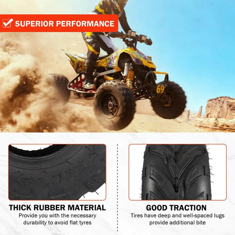 ATV with Size 145 70 6 Mini Bike Tubeless Tires Replacement For ATVs Go Karts Lawn Mowers demonstrating traction