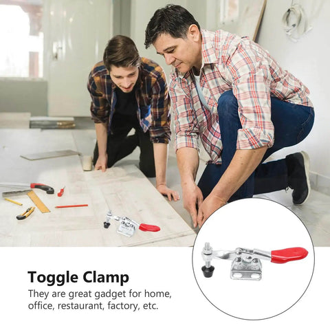 Two men working on a floor using a 4 Piece Horizontal Toggle Clamp Set Fast Locking Clip With Straight Line Push Pull Action.