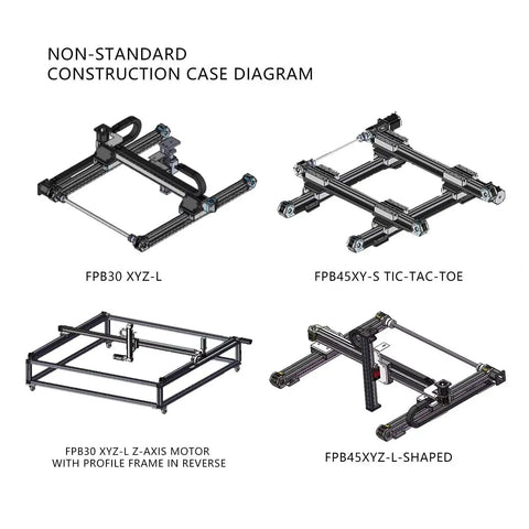 Non-standard construction diagrams showing FPB45 L-shaped and tic-tac-toe stages for CNC linear motion.