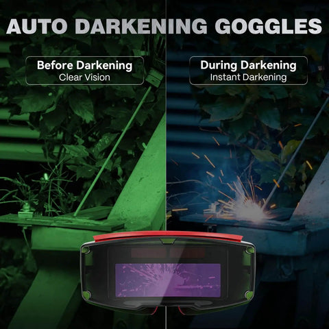 Auto darkening goggles, showing welding before and during darkening effect, included with 140A Handheld Welder With LED Display Portable 110V Arc Welder Hot Start Arc Force Anti Stick IGBT Welding Machine With Auto Darkening Goggles For One Sixteenth To One Eighth Inch Welding Rods.