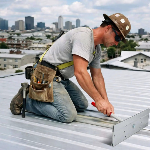 Worker using 15 Inch Sheet Metal Bender Tool For HVAC Ductwork And Standing Seam Roofing Panels on rooftop