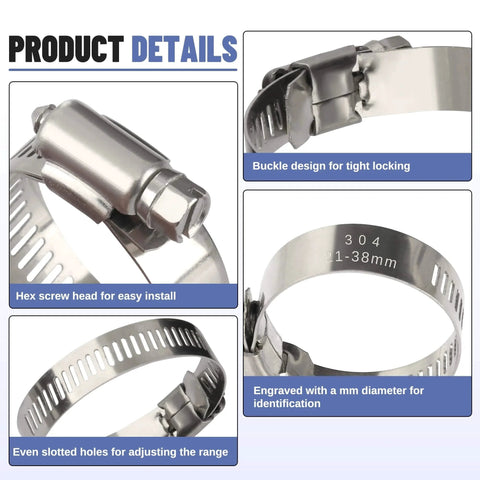 200 Piece Hose Clamp Set 304 Stainless Steel Adjustable Worm Gear Clamps From Quarter Inch To Two Inches 6 To 51 Mm close-up