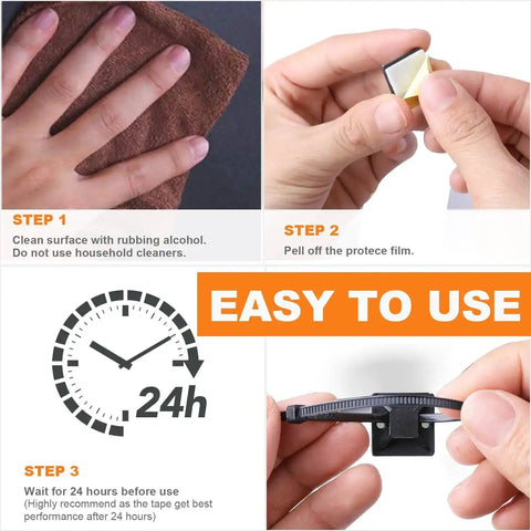 Step-by-step installation guide for the All-In-One Zip Tie Adhesive Mount Kit With 140 Pack Three Quarter Inch Cable Ties
