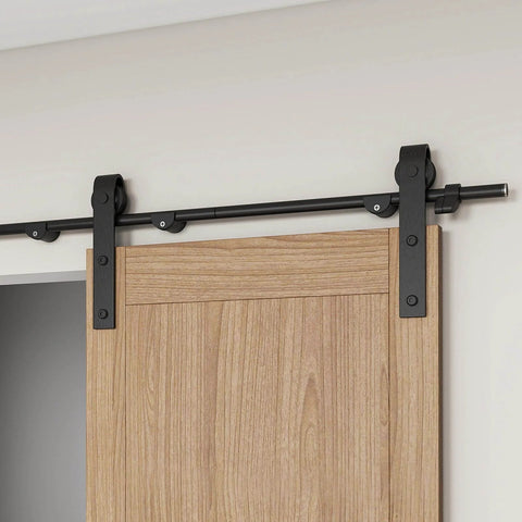 6.6ft Sliding Barn Door Hardware Kit With Heavy Duty Steel Rollers And Flat Tracks, Supports Up To 220 Lbs, Installed View