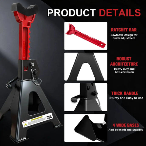 6 Ton Heavy Duty Jack Stands With Double Pin Lock, 15.6 To 23.4 Inch Height, featuring ratchet bar, pyramid base, thick handle