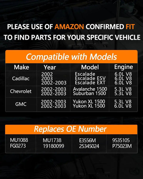 Compatibility list for Drop-In Direct Fit Electric Fuel Pump Module Assembly Replacement For 2002-2003 GM SUVs and trucks.