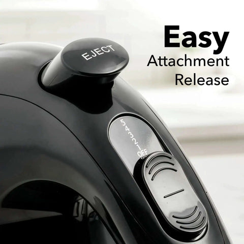 Close-up of 5 Speed Corded Hand Mixer With Stainless Steel Whisks, Compact Portable Design, showing eject button and speed dial