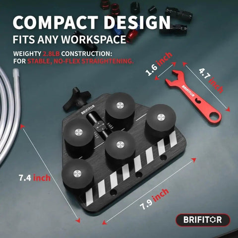 Pro Grade Tubing Straightener For Copper Aluminum And Soft Stainless Steel Brake Lines From Three Sixteenths Inch To One Inch Diameter With Red 6AN Fittings Wrench displayed with compact design and dimensions