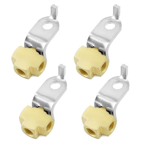 Set of 4 QWORK brass 3-way brake line tee connectors with mounting brackets for 3/16 in tubes, 3/8-24 threads