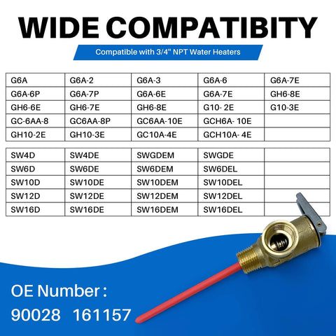 Brass 3/4-inch NPT temperature and pressure relief valve with extended probe and red sensing line for RV water heaters