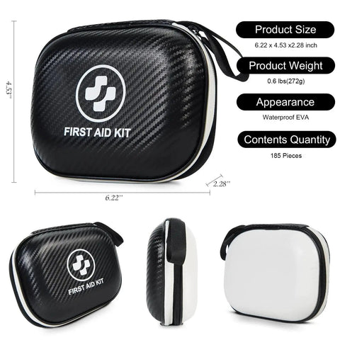 Go-To 185-Piece Waterproof First Aid Kit for Home Car Travel Camping and Outdoor Adventures - black and white EVA case