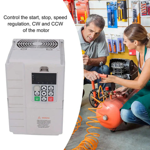 7.5KW VFD Variable Frequency Drive Inverter for 220V to 380V Motors shown with air compressor setup
