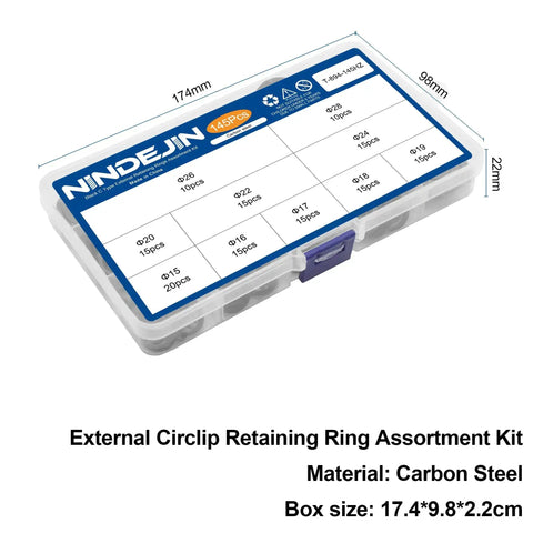 Snap Ring Kit 145Pcs External Retaining Rings 15-28mm Carbon Steel Circlips Set in labeled plastic box display