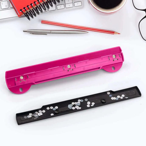 3 Hole Punch For Ring Binders With Built In Ruler, Handy Portable Paper Puncher, 5 Sheets Capacity, Deep Pink on desk