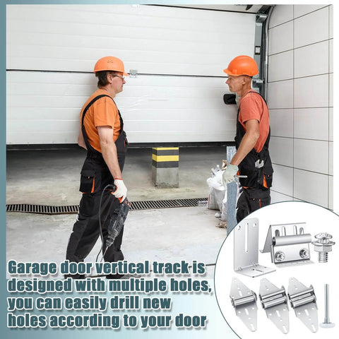 All In One Garage Door Replacement Parts Kit 45 Piece Set With Tracks Rails Doorpost Brackets Screws And Nuts Rollers Hinges And Top Brackets For A 7 Ft Tall Garage Door Easy Install And Durable Replacement Solution shown with workers and parts illustration