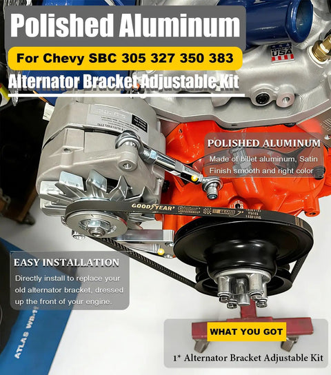 Adjustable Billet Alternator Bracket Kit For Chevy Small Block V8 With Long Water Pump Polished Aluminum Fits 305 327 350 383 5.0L 5.7L Engines For V Belt Hot Rod And Truck Builds, visible installed on engine