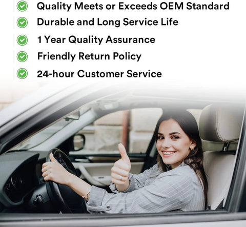 Woman smiling and showing thumbs up from driver's seat with quality assurance text overlay on automotive product benefits.