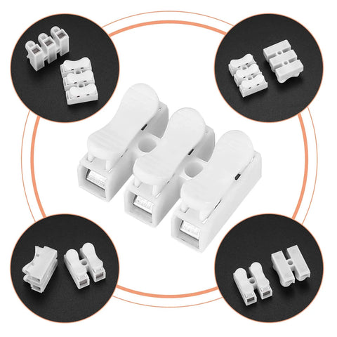 65 Piece Spring Wire Connector Set With Push In 2 Pin Quick Terminals for Electrical Projects, shown in different configurations.