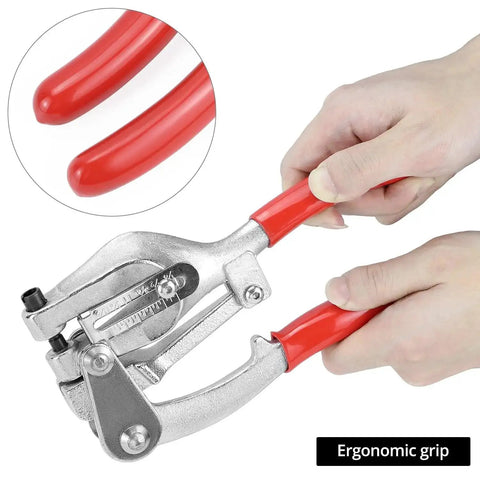 Hands using heavy duty metal hole punch kit with chrome vanadium steel punches in sizes from three thirty second inch to nine thirty second inch