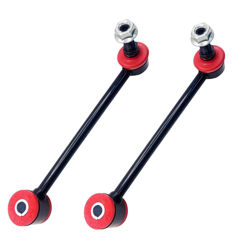 Pair of front sway bar end links with red bushings and silver nuts on black steel rods.