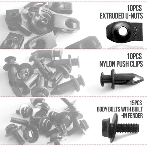 35Pcs Engine Under Cover Splash Shield Bolts Screws And Bumper Clips Kit With Extruded U Nuts displayed in 10pcs U nuts, clips, bolts