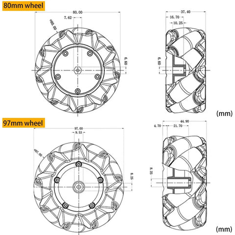 Technical drawing of 80mm and 97mm mecanum wheels with measurements, Dope High Performance Mecanum Wheel Set 4WD Omnidirectional Wheels.