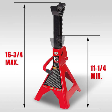 Front view of 3 Ton Jack Stands 2 Pack with Adjustable Lock Welded Steel Vehicle Support showing height range and red frame.