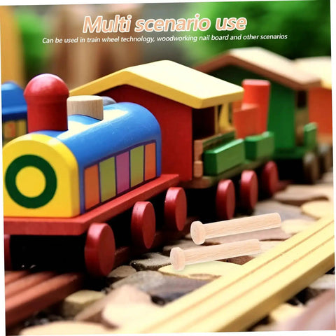 Solid Wood 20 Piece Miniature Nails Set For Crafts And Model Building shown with colorful train model in background