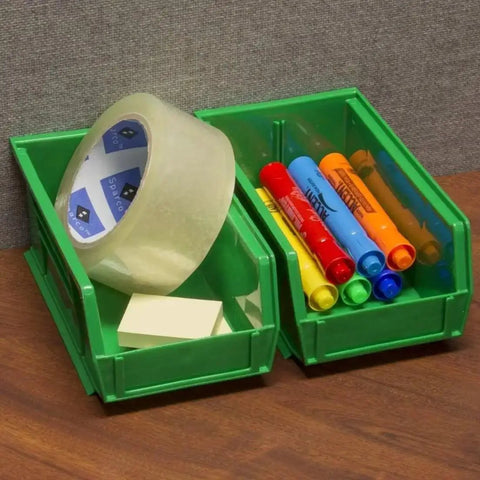 Green stackable plastic storage bins holding office supplies, similar size to Blue Stackable Plastic Storage Bins 7x4x3 Inch.