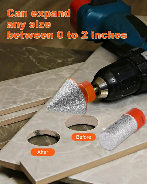 Pro Grade 3 Piece Diamond Beveling Chamfer Bit Set With 5 8 11 Thread Adapter demonstrating hole enlargement on tile