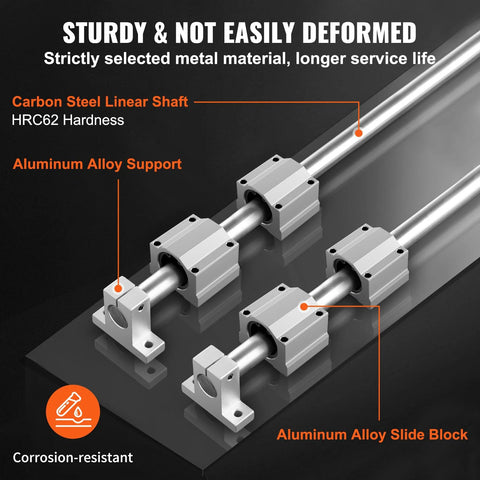 VEVOR SFC20 1200mm linear rail kit with two carbon-steel shafts, four aluminum alloy slide blocks, and four rail supports