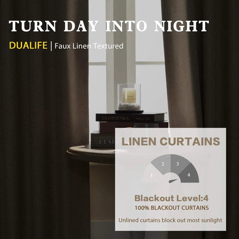 Linen Blackout Curtains 132 Inch Long For Ceiling Track System With Back Tab And Rod Pocket Burlap Color, 2 Panels, shown in a room setting with blackout level indicator.