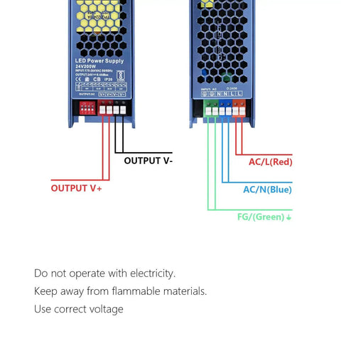 Wiring diagram showing connections for Beefy 24V 200W Constant Voltage LED Driver Power Supply With Four Gear Dimming IP20 Protection