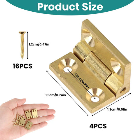 Mini Solid Brass Hinges With Screws Set For Wooden Boxes And Jewelry Cases, 0.75 by 0.49 inches, shown with size details