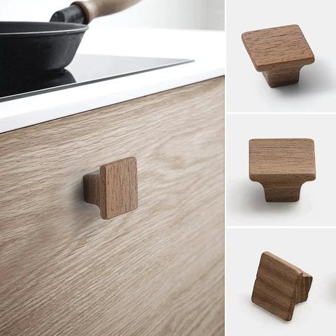 Wooden Cabinet Door Handles Four Pack Minimalist Single Hole Drawer Pulls for Wardrobes; installed, front, side, and angle views