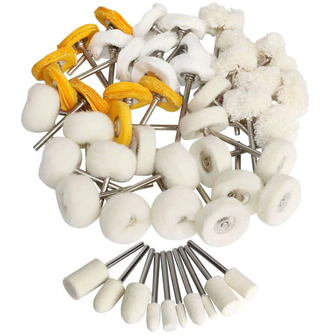 1 Inch Polishing Buffing Wheel Set For Rotary Tools With Wool Felt And Cotton Mounted 3mm Shank, 50 Pieces, product display