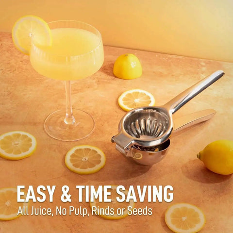 Go-To Stainless Steel Lemon Squeezer next to fresh juice and lemon slices, Heavy Duty Manual Citrus Press And Lime Juicer, Rust Free