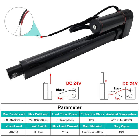 Heavy Duty 24V DC Linear Actuator With 6 Inch Stroke 660 lbs 3000N IP65 Waterproof Designed For Industrial Automation Mounting Bracket Included Quiet Operation And Smooth Travel with diagram and specifications