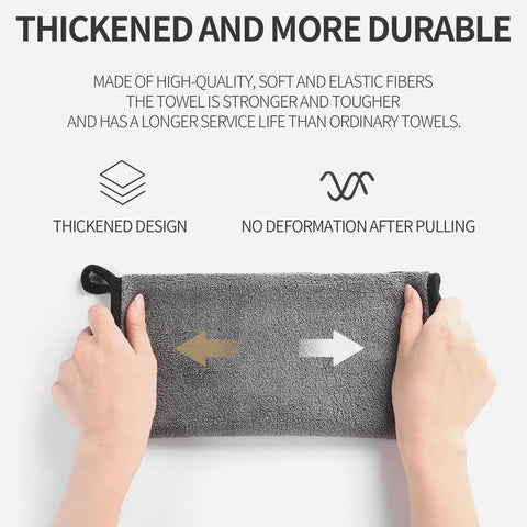 Hands holding a double-sided microfiber cleaning towel with a thickened design, showing the velvet and mesh sides.