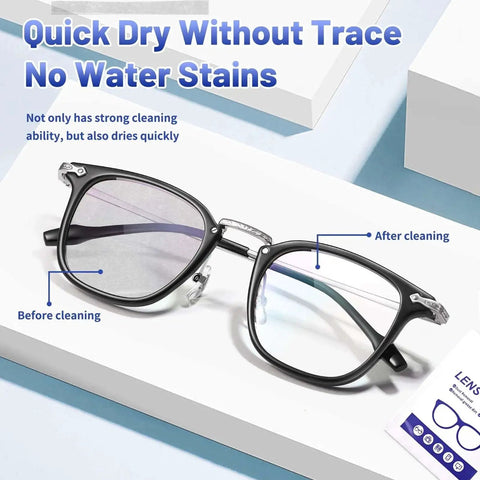 Premoistened Lens Wipes For Glasses And Screens Streak Free Safe For Coatings, showing cleaning effect on eyeglasses.