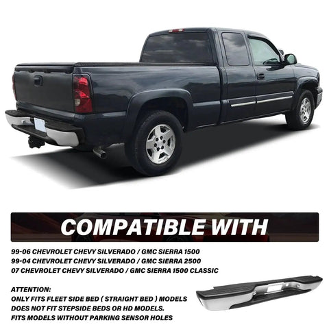 Chrome Rear Step Bumper Assembly Silverado and Sierra 1999 To 2007 Classic installed on pickup truck