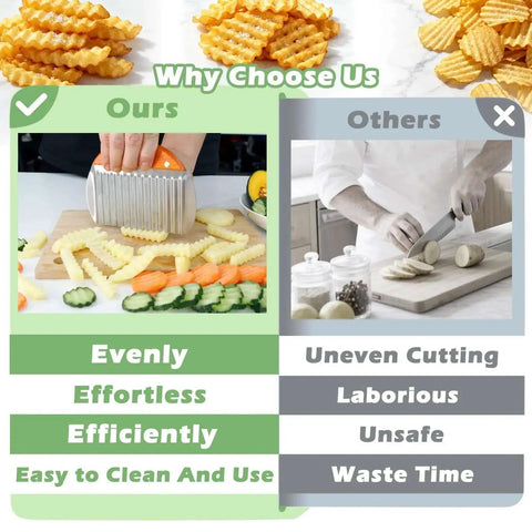 Comparison chart showing Large Crinkle Cutter for Veggies and Potatoes With Wooden Handle creating wavy fries and uneven slicing by hand.
