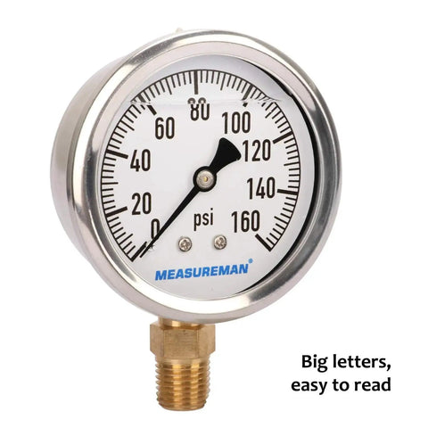Front view of Glycerin-Filled Plumbing Pressure Gauge For Gas And Non-Corrosive Liquids, 2-1/2 Inch Dial, 0-160 PSI, MeasureMan