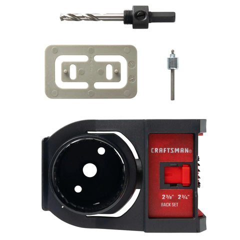 Easy Install Bi Metal Door Lock Kit For Wood And Metal Doors With Self Centering Jig And Adjustable Two And Three Eighths Inch And Two And Three Quarters Inch Backsets For Fast Accurate Install Craftsman CMAH1MDL Six Piece Door Lock Installation Kit components including jig, hole saw, and drill bits