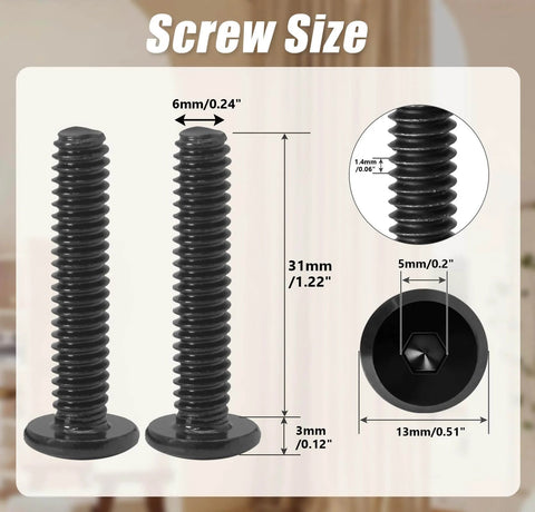 30 Pack Flat Head Allen Bolts For Furniture With One Quarter Twenty Thread And One Quarter Inch Length Black Carbon Steel Socket Cap Screws, showing size and dimensions