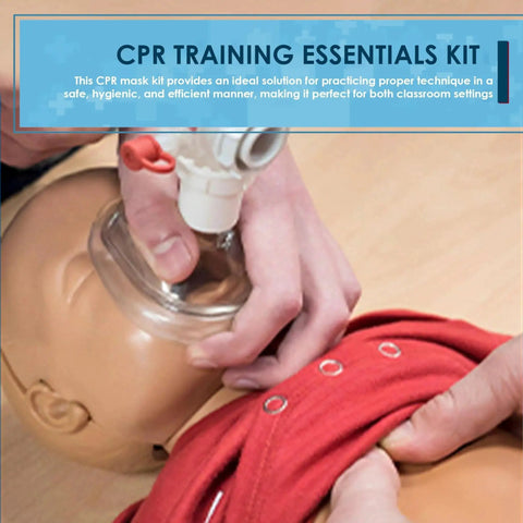 Person using Essential CPR Mask Kit For Adults And Infants Grab-And-Go Emergency Resuscitator Set on dummy for training.